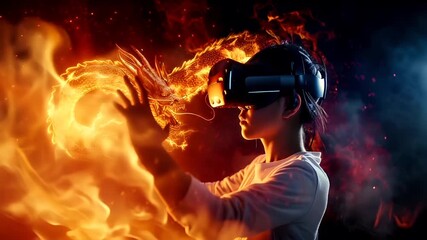 Virtual reality VR theme concept. A vivid, actionpacked digital artwork featuring a person immersed in virtual reality amidst a fiery backdrop.
