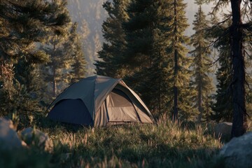 Serene Campsite with a Tent Pitched in a Sunlit Pine Forest Clearing