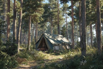 Rustic green canvas tent pitched in a sun-dappled pine forest clearing
