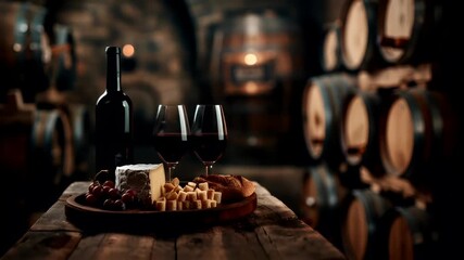 wine bottles and glasses in a dimly lit room with wooden barrels and a rustic table setting.