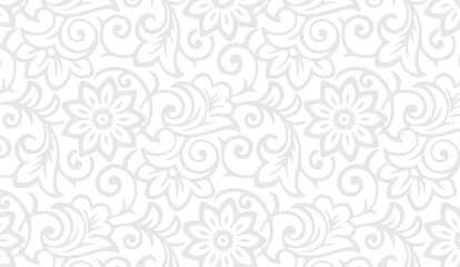 Elegant light gray floral pattern on a white background features intricate swirls, stylized flowers, and leaf shapes creating a refined and classic ornamental design