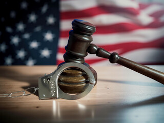 Judge's gavel with handcuffs and the American flag