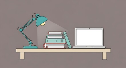 Minimalist Workspace with Desk Lamp Books and Laptop for Study or Work