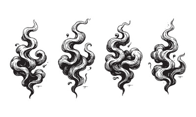 Hand drawn smoke shapes in vintage engraving style, detailed swirling smoke illustrations perfect for tattoo and design themes.