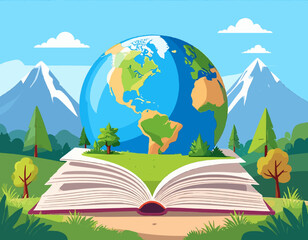 Naklejka premium Earth globe on open book nature scene with mountains and trees educational concept vector high quality professional
