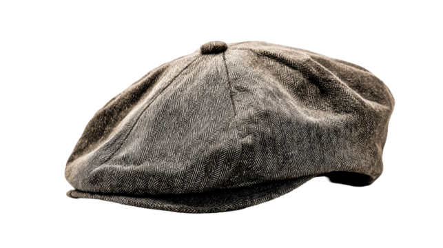 A weathered, gray flat cap angled to the viewer's right. The fabric appears slightly distressed, with subtle variations in tone.  A small, round button tops the center of the crown
