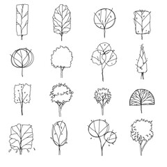 Side front view, set of hand drawn graphic trees elements outline symbol for green architecture and landscape design drawing. Trees icon. Vector illustration
