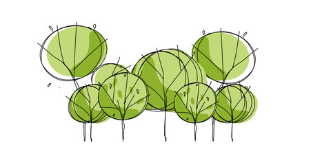Side front view, set of hand drawn graphic trees elements outline symbol for green architecture and landscape design drawing. Trees icon. Vector illustration