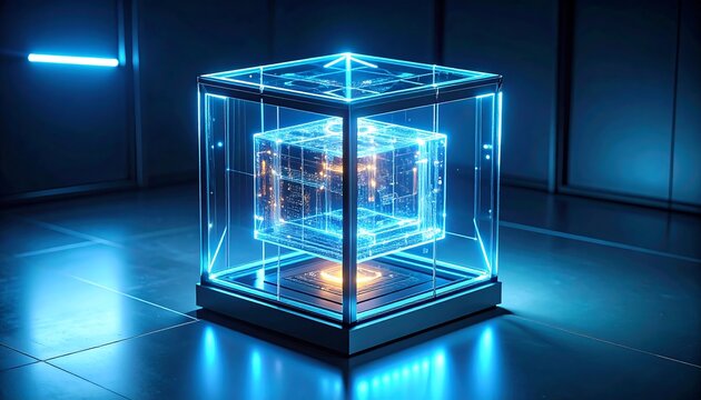 Glowing Cube Inside Glass Box in Dark Room with Neon Lights