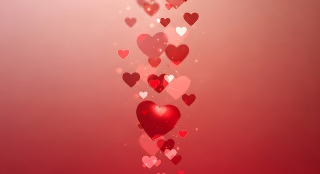 A cascade of red hearts and sparkling particles floats upwards against a soft pink gradient background, creating a romantic and celebratory atmosphere
