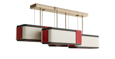 Two rectangular pendant lights, cream/off-white and red, hang from a horizontal bar.  Modern, sleek design
