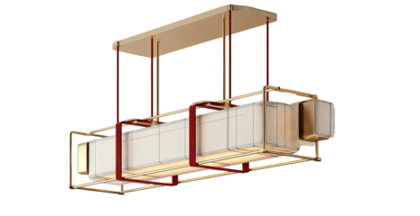 Modern, minimalist pendant light with a  beige/cream rectangular  shape, suspended by reddish-brown cords from a light gold/bronze frame