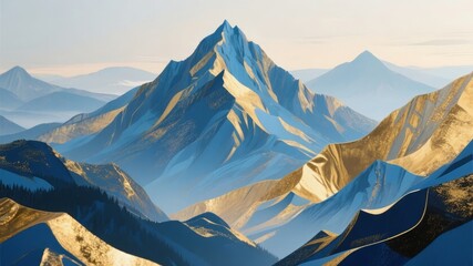 Stylized Mountain Range with Golden Peaks and Blue Shadows