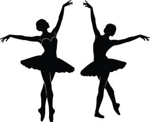 Black silhouette ballerinas, classical ballet dancers in elegant poses, wearing tutus and pointe shoes, graceful dance performance, artistic vector illustration for dance, art, design
