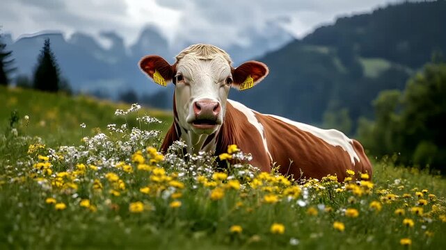 A cow with yellow ear tags stands amidst a field of yellow flowers. The cows face is partially obscured by the grass, and its ears are perked up, giving it an alert and curious expression.