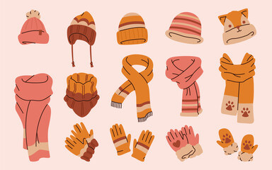Winter hat, scarf and glove set in warm colors