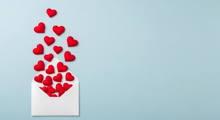 A white envelope overflowing with red hearts against a light blue background, symbolizing love and affection, perfect for valentines day or romantic themes