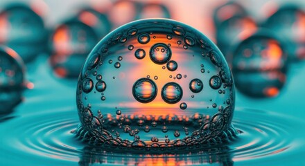 Close up of a transparent sphere with tiny bubbles inside floating on rippling water