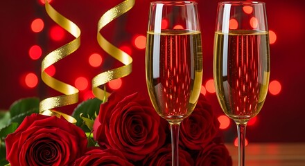 Two glasses of champagne with red roses and golden ribbon against a blurred red background with bokeh lights, perfect for celebrations and romantic occasions