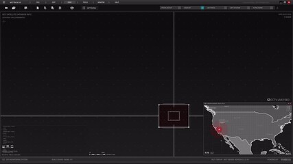 Advanced Futuristic GPS Satellite Tracking System Displaying Real-time North American Target Data and Surveillance Feed