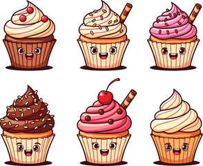 Cute Smiling Cartoon Cupcakes with Colorful Toppings and Cherries – Fun Dessert Vector Illustration for Kids, Bakery, and Food Designs