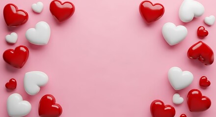 A collection of red and white heart shapes scattered and arranged on a soft pink background, creating a charming and festive border for romantic or celebratory themes