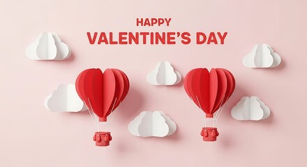 Happy valentines day greeting with two red paper heartshaped hot air balloons floating amongst white paper clouds against a soft pink background, symbolizing love and travel