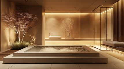 AI generator images of Bathroom Ideas Minimalist modern bathroom design emphasizes simplicity. Natural style bathroom with natural stone tiles, waterfall shower head, Contemporary bathroom with glass