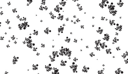 Delicate black botanical pattern dances on a white background, featuring organic leaf and berry shapes scattered to create a whimsical and nature-inspired design concept