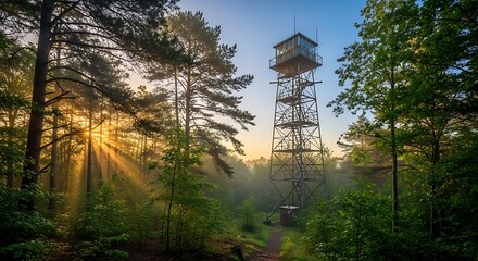 Scenic view of a tall wooden observation tower surrounded by lush green forest at sunrise