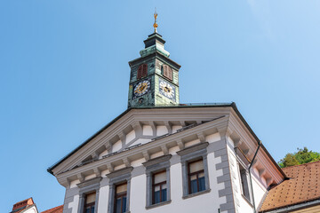 Fototapeta premium Beautiful decorated facades on the buildings of Slovenia's capital, Ljubljana.