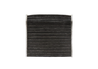Used car cabin air filter isolated on white background. Dirty carbon car air filter with dust isolated