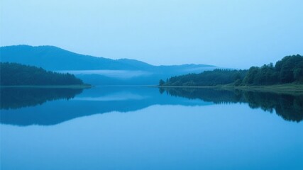 Fototapeta premium Calm Lake Reflection with Surrounding Hills and Forest