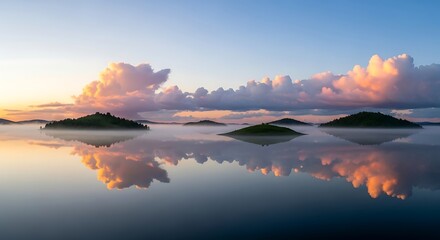 Fototapeta premium Serene Sunrise Over Misty Islands With Calm Reflective Water Surface