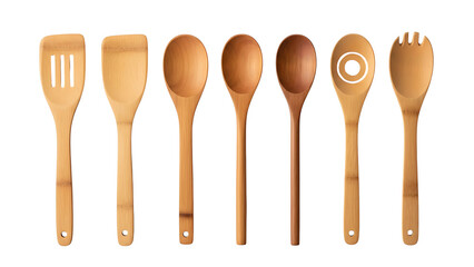 Wooden kitchen utensils set cooking spoons spatula bamboo tools eco friendly kitchenware for home and restaurant on transparent background