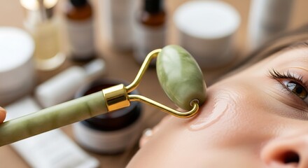 Facial massage with jade roller for skincare routine and anti aging beauty treatment at home spa for wellness
