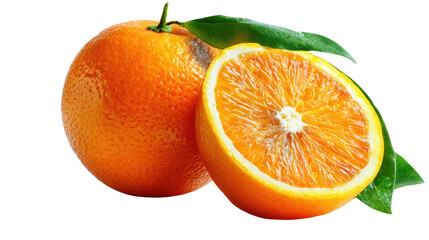 Vibrant Orange Freshness: A juicy whole orange and a halved orange with lush green leaves, showcasing the zest and freshness of this citrus fruit.