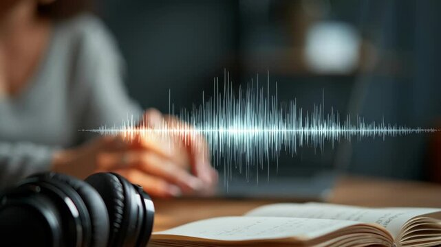 Audio wave headphone notebook pen study learning transcription sound desk student audio waveform headphones open book desk study learning sound