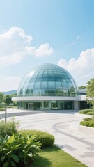 Modern glass dome building with surrounding greenery under a clear blue sky