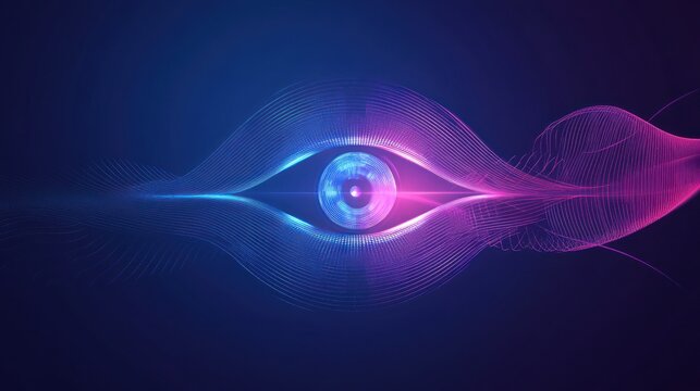 Abstract eye design with glowing details, wave patterns and a deep blue and purple color scheme