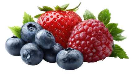 Berry Delight: A vibrant ensemble of fresh blueberries, a juicy strawberry, and a plump raspberry, their natural textures and vibrant hues offering a feast for the eyes.