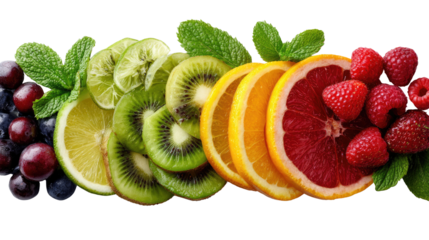 Rainbow of Refreshment: A vibrant composition of fresh, colorful fruits arranged in a gradient from berries to citrus, each slice a burst of natural flavor and visual delight.