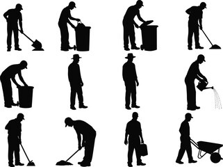 Silhouette of Workers Performing Cleaning, Gardening, and Outdoor Maintenance Tasks Using Tools Like Shovel, Watering Can, Wheelbarrow