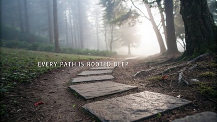 Tranquil forest pathway with stepping stones and misty background