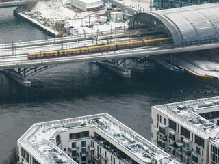 Aerial view of Berlin, Capital of Germany. Aerial winter cityscape of Berlin Main Railway Station, Foggy Hauptbahnhof.