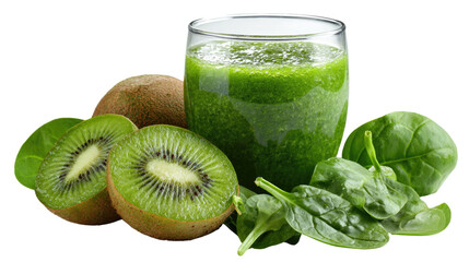 Green Smoothie's Freshness: A vibrant close-up of a green smoothie in a clear glass, next to ripe kiwi fruits and fresh spinach leaves, embodying healthy eating and natural flavors.