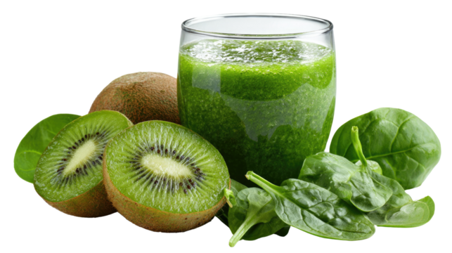 Green Smoothie's Freshness: A vibrant close-up of a green smoothie in a clear glass, next to ripe kiwi fruits and fresh spinach leaves, embodying healthy eating and natural flavors.