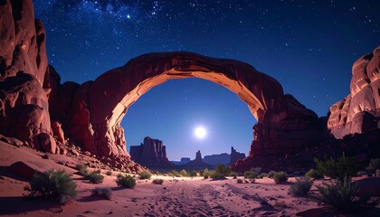 A magnificent natural archway spans a desert landscape under a starry night sky, bathed in moonlight.