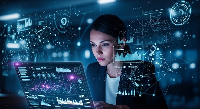 Woman analyzing data on a laptop with holographic graphs and network visualizations overlaying the screen