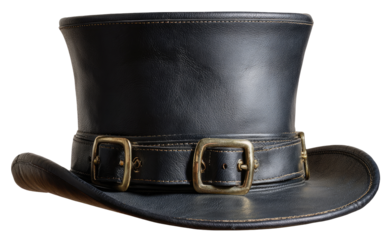 Black leather top hat with brass buckles